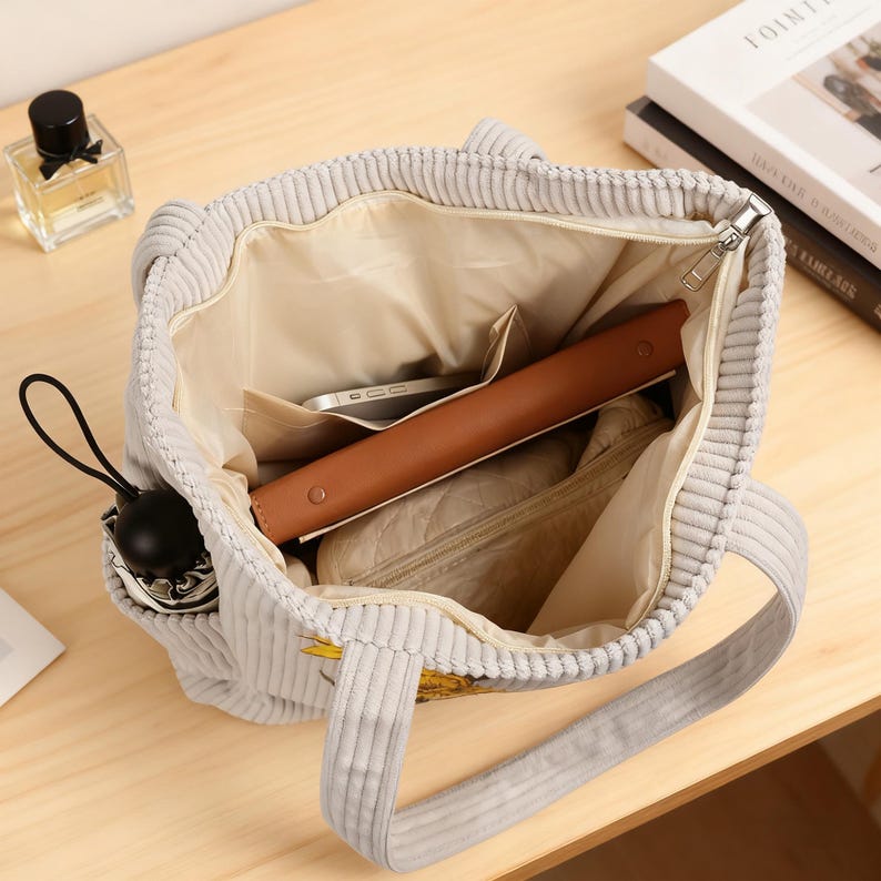 Personalized Birth Flower Corduroy Tote Bag for Women, Custom Large Shoulder Handbags with Zipper Name, Travel College Work Accessory
