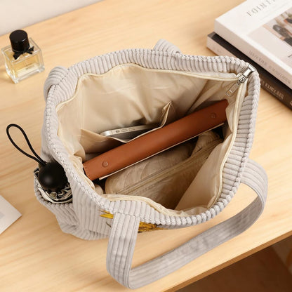 Personalized Birth Flower Corduroy Tote Bag for Women, Custom Large Shoulder Handbags with Zipper Name, Travel College Work Accessory