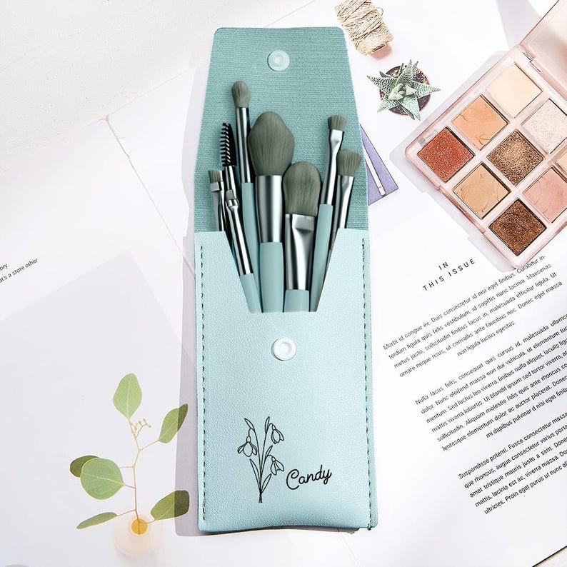 Personalized Birth Flower Makeup Brush Set, PU Leather Bag & 8 Brushes