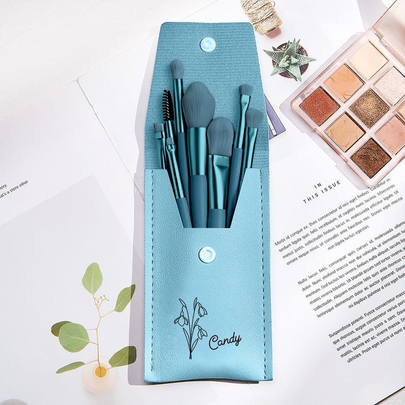 Personalized Birth Flower Makeup Brush Set, PU Leather Bag & 8 Brushes