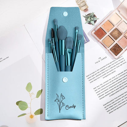 Personalized Birth Flower Makeup Brush Set, PU Leather Bag & 8 Brushes