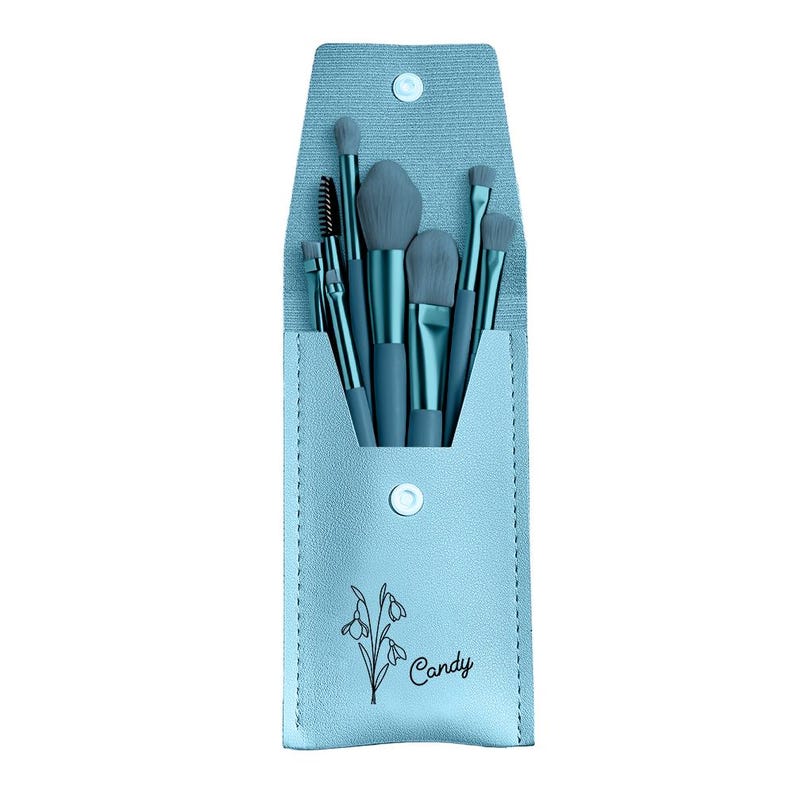 Personalized Birth Flower Makeup Brush Set, PU Leather Bag & 8 Brushes