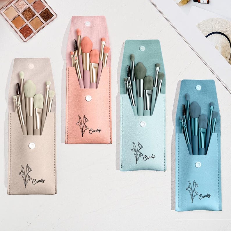 Personalized Birth Flower Makeup Brush Set, PU Leather Bag & 8 Brushes