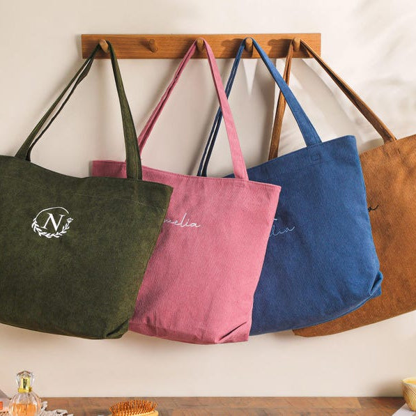 Personalized Embroidered Corduroy Tote,Bridesmaid Gift Bag,Custom Name Tote Bag with Zipper,Monogram Bag, Wedding Party Gifts,Shoulder Bag