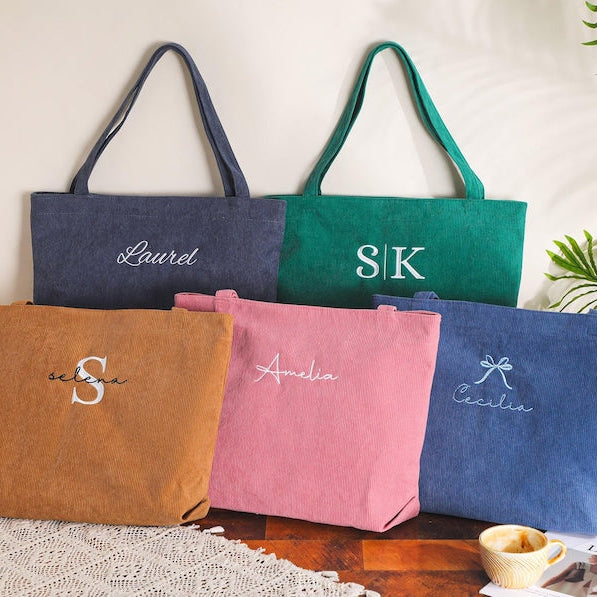 Personalized Embroidered Corduroy Tote,Bridesmaid Gift Bag,Custom Name Tote Bag with Zipper,Monogram Bag, Wedding Party Gifts,Shoulder Bag