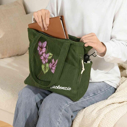 Personalized Birth Flower Corduroy Tote Bag for Women, Custom Large Shoulder Handbags with Zipper Name, Travel College Work Accessory