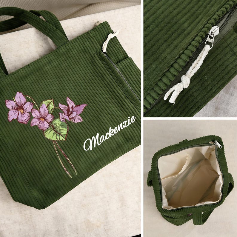 Personalized Birth Flower Corduroy Tote Bag for Women, Custom Large Shoulder Handbags with Zipper Name, Travel College Work Accessory
