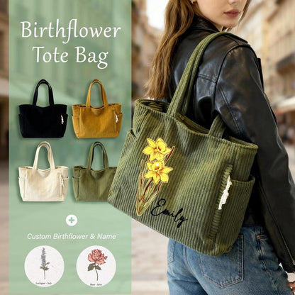 Personalized Birth Flower Corduroy Tote Bag for Women, Custom Large Shoulder Handbags with Zipper Name, Travel College Work Accessory
