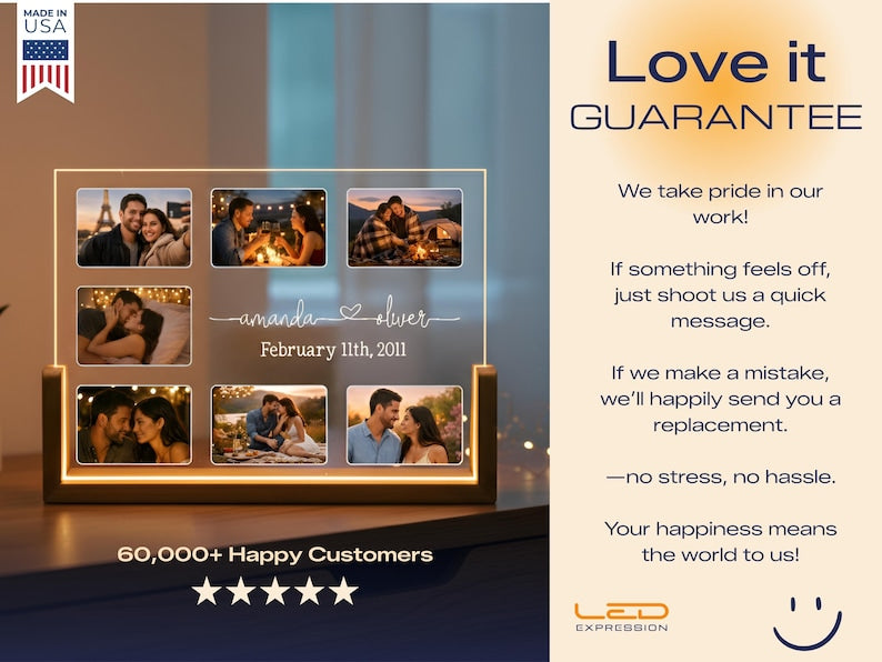 Couple Gift Photo Plaque Night Light. Custom Photo Collage LED Light, Valentine, Family, Engagement. Personalized Couple Night light.