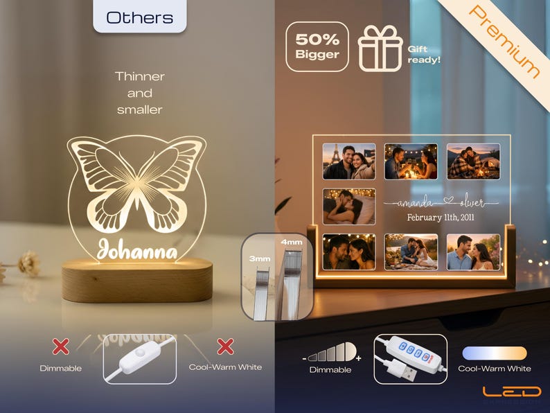 Couple Gift Photo Plaque Night Light. Custom Photo Collage LED Light, Valentine, Family, Engagement. Personalized Couple Night light.