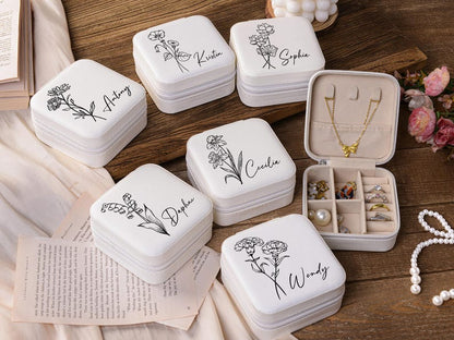 Personalized travel jewelry box,Bridesmaid Gifts,Bridesmaid Jewelry Case,jewelry box with birth flower,Custom Name Jewelry Box,gift for her