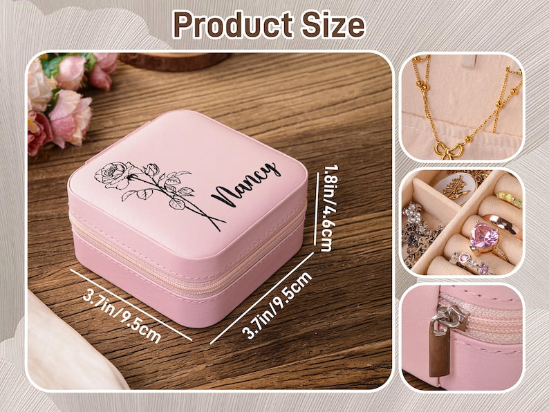 Personalized travel jewelry box,Bridesmaid Gifts,Bridesmaid Jewelry Case,jewelry box with birth flower,Custom Name Jewelry Box,gift for her