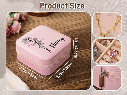 Personalized travel jewelry box,Bridesmaid Gifts,Bridesmaid Jewelry Case,jewelry box with birth flower,Custom Name Jewelry Box,gift for her