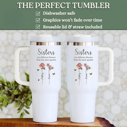 Sisters' Garden Custom 40 oz tumbler with handle, Personalized Sister tumbler, Custom Birth Flower cup sister gift, Personalized Sister gift