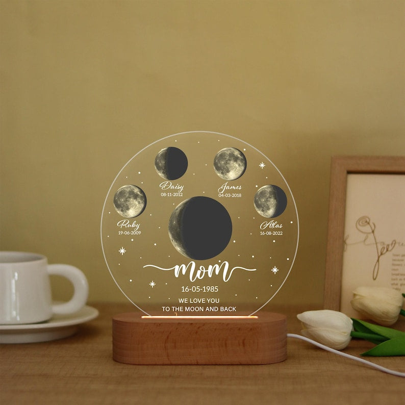 Personalized Moon Phase LED Night Light, Custom Lunar By Date Moons Phase with Kids Names, Mothers Day Gift, Fathers Day Gift, Birthday Gift