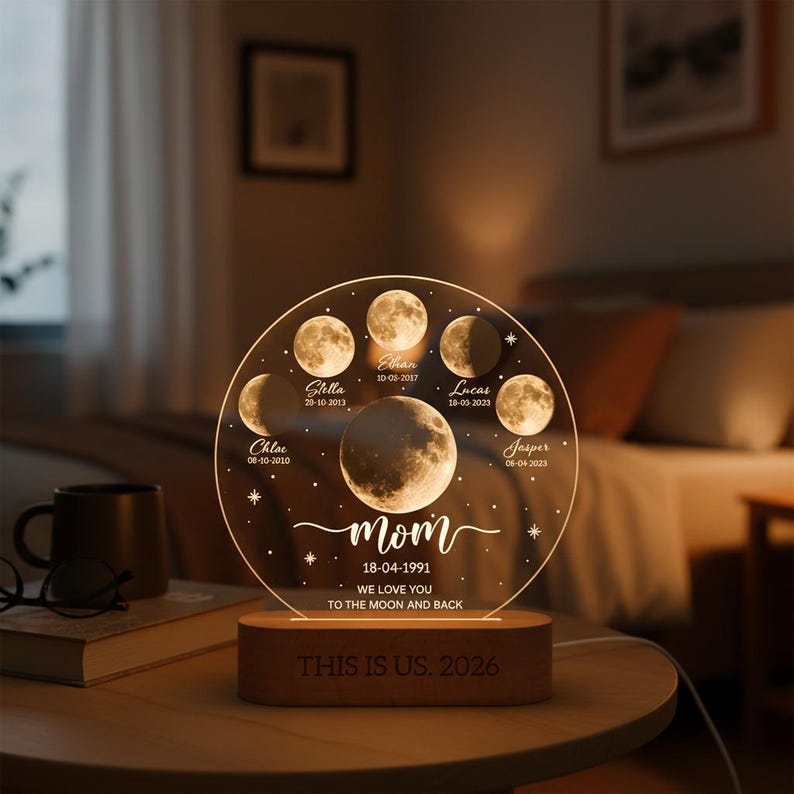 Personalized Moon Phase LED Night Light, Custom Lunar By Date Moons Phase with Kids Names, Mothers Day Gift, Fathers Day Gift, Birthday Gift