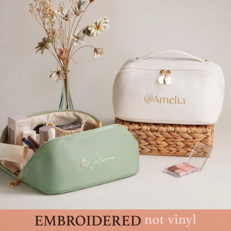 Personalized Embroidered Leather Makeup Bag, Mothers Day Gift for Her, Large Toiletry Organizer for Bride & Bridesmaid Gifts [T]