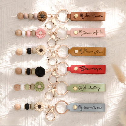 Personalized PU Leather Keychain Daisy Bead Pendant¨C Custom Name, Birthday Flower Keychain, Perfect Bag Charm, Mother's Day Anniversary Gift