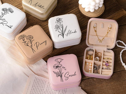 Personalized travel jewelry box,Bridesmaid Gifts,Bridesmaid Jewelry Case,jewelry box with birth flower,Custom Name Jewelry Box,gift for her