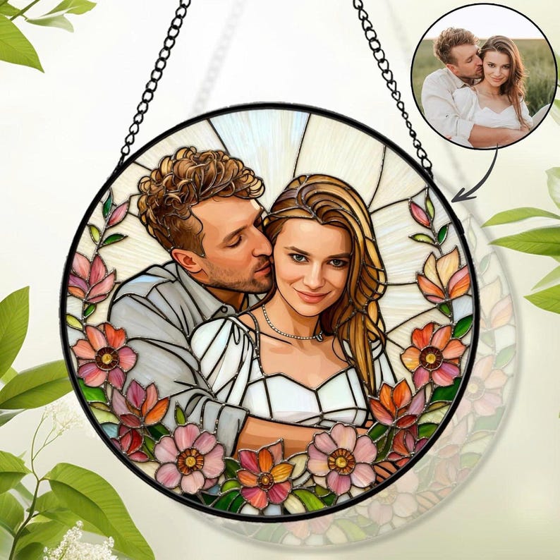 Custom Couple Portrait Stained Glass Suncatcher, Floral Art, Anniversary Gift