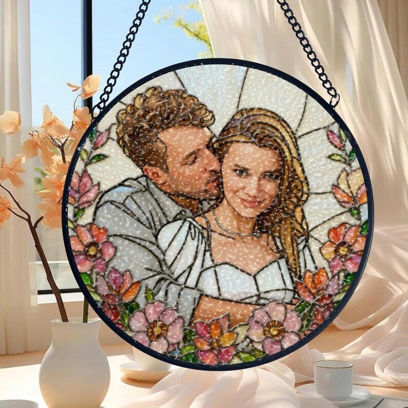 Custom Couple Portrait Stained Glass Suncatcher, Floral Art, Anniversary Gift
