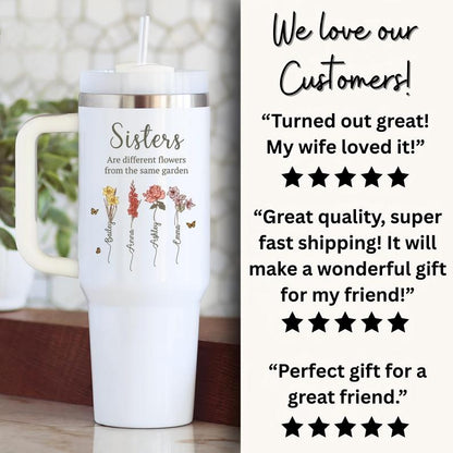 Sisters' Garden Custom 40 oz tumbler with handle, Personalized Sister tumbler, Custom Birth Flower cup sister gift, Personalized Sister gift