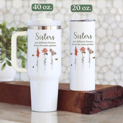 Sisters' Garden Custom 40 oz tumbler with handle, Personalized Sister tumbler, Custom Birth Flower cup sister gift, Personalized Sister gift