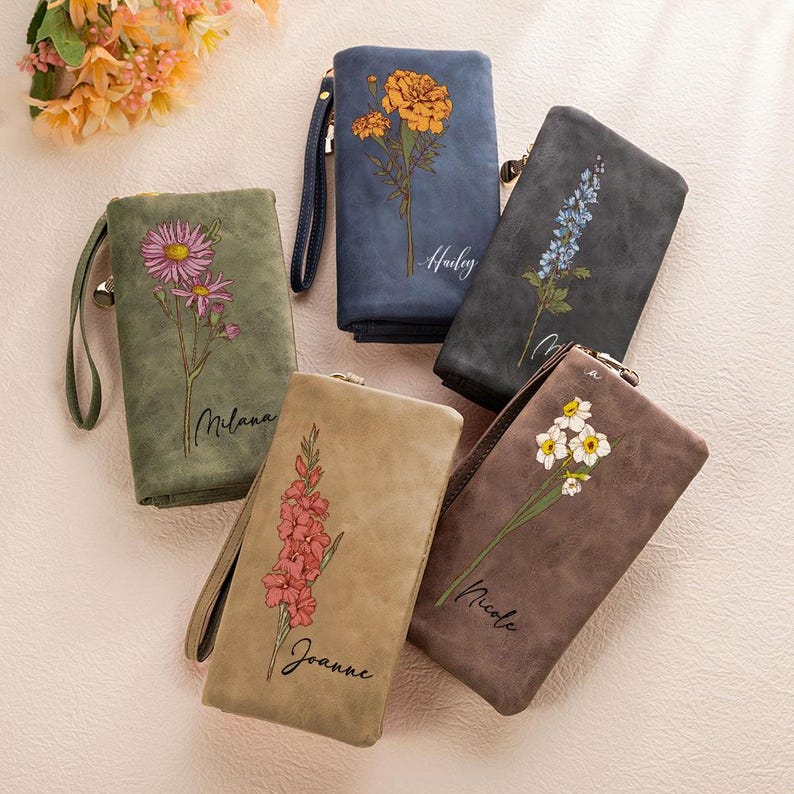 Personalized Watercolor Birth Flower Tri-Fold PU Leather Wristlet Wallet with Card Holder & Custom Name, Birthday Anniversary Gift for Women