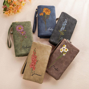 Personalized Watercolor Birth Flower Tri-Fold PU Leather Wristlet Wallet with Card Holder & Custom Name, Birthday Anniversary Gift for Women