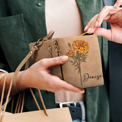 Personalized Watercolor Birth Flower Tri-Fold PU Leather Wristlet Wallet with Card Holder & Custom Name, Birthday Anniversary Gift for Women