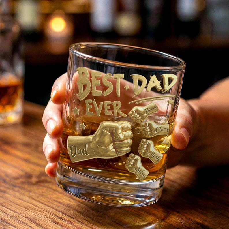 Personalized Dad Ever Fist 10oz Rock Whiskey Glass Custom Names Custom Rocks Glasses Gift Ideas For Birthdays Father's Day Dad