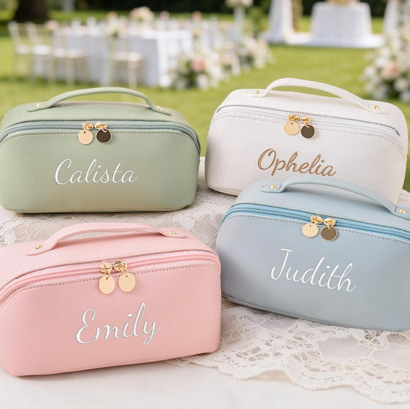 Leather Embroidered Makeup Bag,Personalized Bridesmaid Gifts,Wedding Makeup Bag,Bridal Shower Gift,Cosmetic Bag with Name,Gift for Women