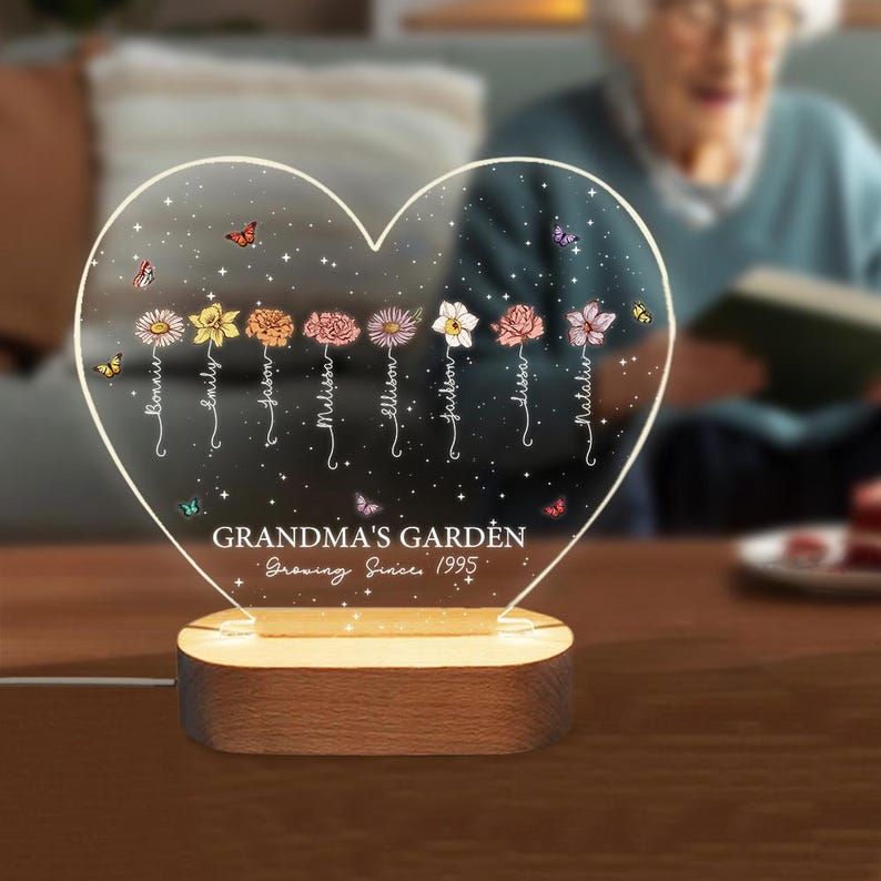 A Growing Love from Grandma's Garden - Personalized Birth Flowers LED Night Light Custom Name Mother's Day Gift Heart-shaped Night Light