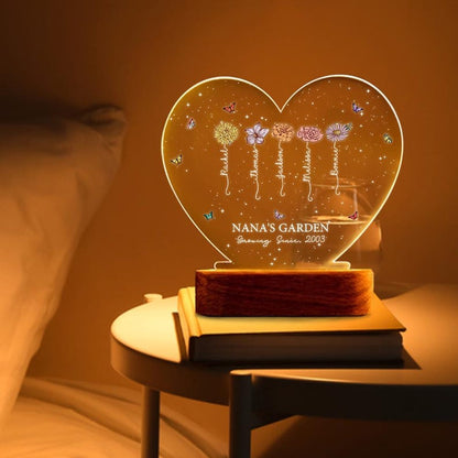 A Growing Love from Grandma's Garden - Personalized Birth Flowers LED Night Light Custom Name Mother's Day Gift Heart-shaped Night Light