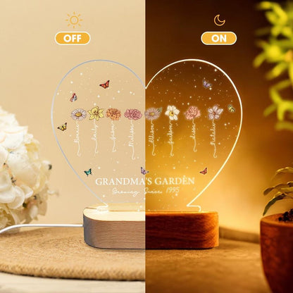 A Growing Love from Grandma's Garden - Personalized Birth Flowers LED Night Light Custom Name Mother's Day Gift Heart-shaped Night Light