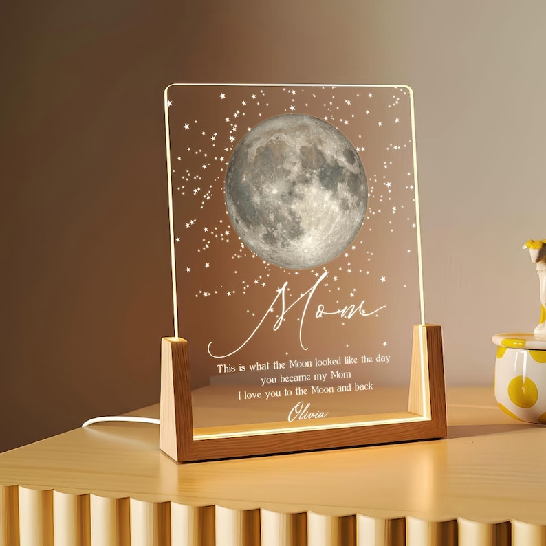 Custom Moon Phase Night Light, Moon Phase by Date, Gift for Mom from Daughter, Mother's Day Keepsake, The Day You Became My Mom LL152
