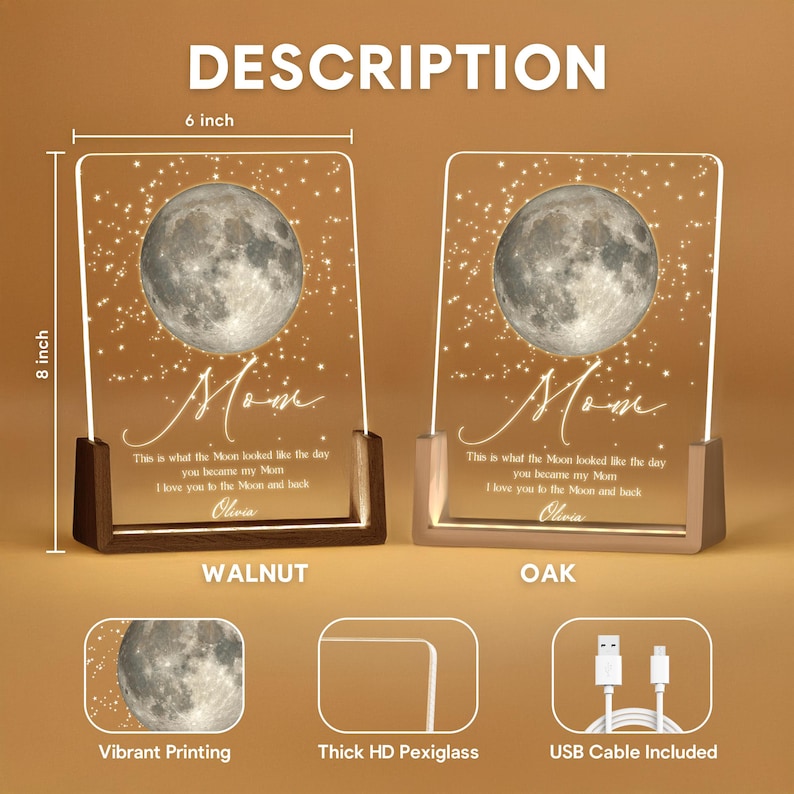 Custom Moon Phase Night Light, Moon Phase by Date, Gift for Mom from Daughter, Mother's Day Keepsake, The Day You Became My Mom LL152