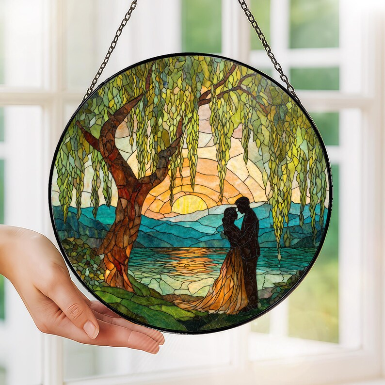 Stained Glass Couple Suncatcher Romantic Sunset Lake Window Hanging Wedding Gift Decor