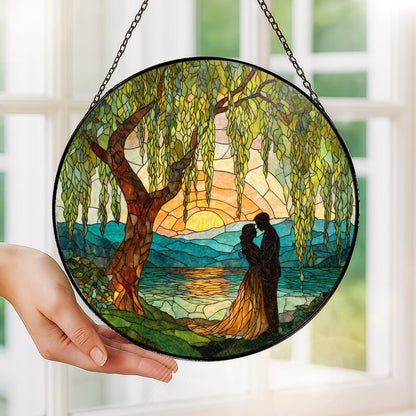 Stained Glass Couple Suncatcher Romantic Sunset Lake Window Hanging Wedding Gift Decor