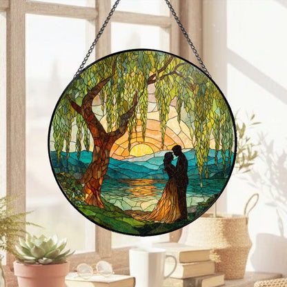 Stained Glass Couple Suncatcher Romantic Sunset Lake Window Hanging Wedding Gift Decor