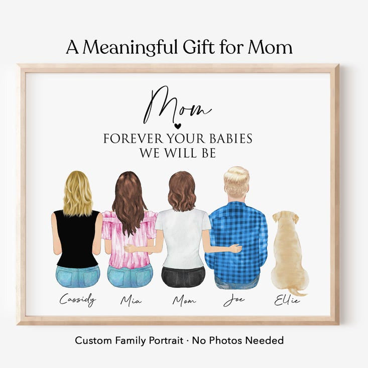 Custom Mother and Adult Children Portrait, Personalized Framed Family Wall Art, Mother's Day Gifts from Daughter, Birthday Gift, Canvas Art