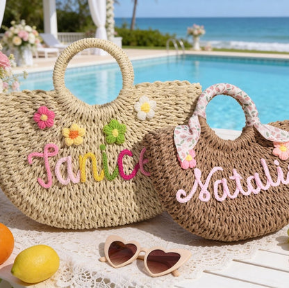 Personalized Straw Bridesmaid Handbag,Custom Beach Bag,Straw Bags,Bachelorette Party Gift Bags,Wedding Party Gifts,Mother Gifts Basket