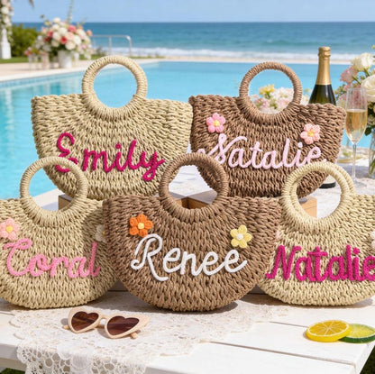 Personalized Straw Bridesmaid Handbag,Custom Beach Bag,Straw Bags,Bachelorette Party Gift Bags,Wedding Party Gifts,Mother Gifts Basket