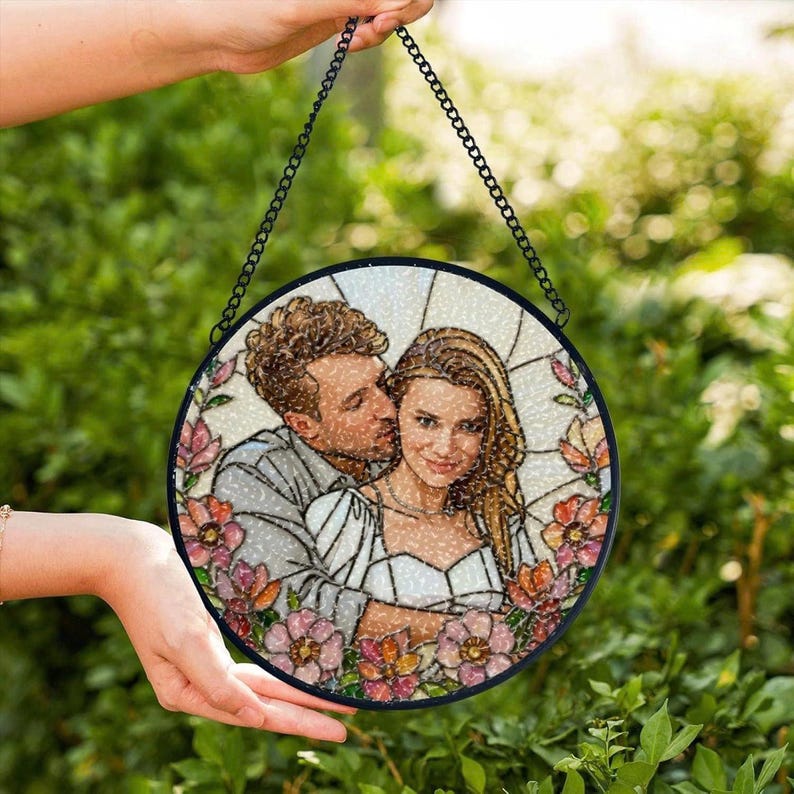 Custom Couple Portrait Stained Glass Suncatcher, Floral Art, Anniversary Gift
