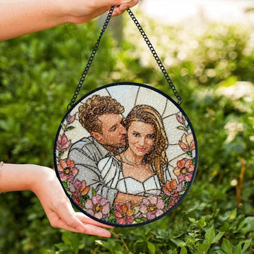 Custom Couple Portrait Stained Glass Suncatcher, Floral Art, Anniversary Gift