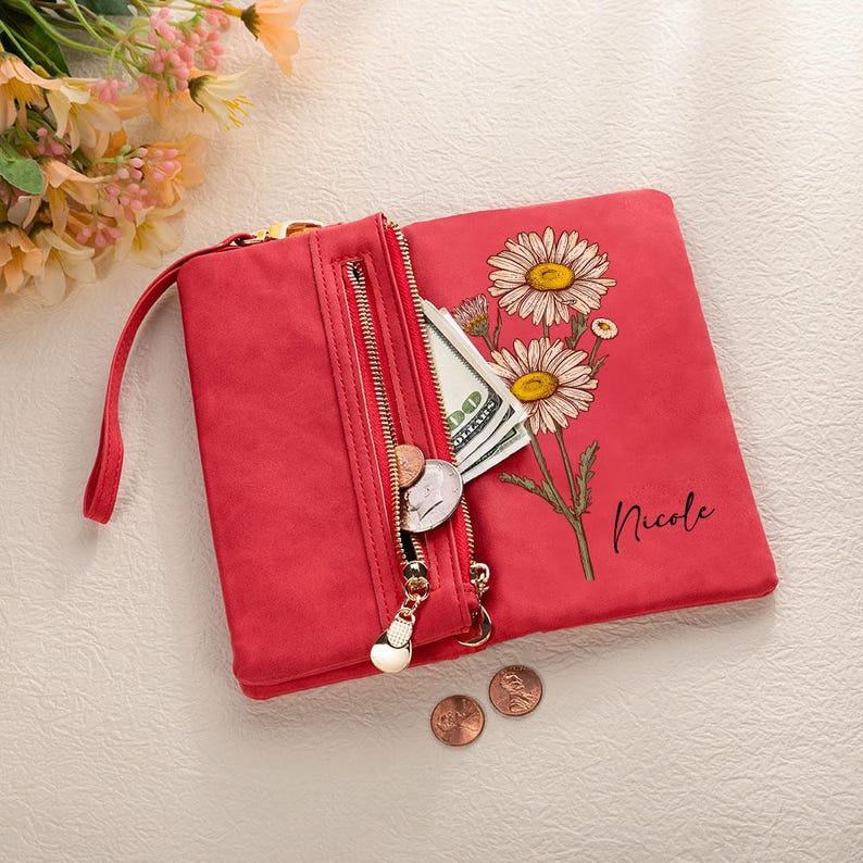 Personalized Watercolor Birth Flower Tri-Fold PU Leather Wristlet Wallet with Card Holder & Custom Name, Birthday Anniversary Gift for Women