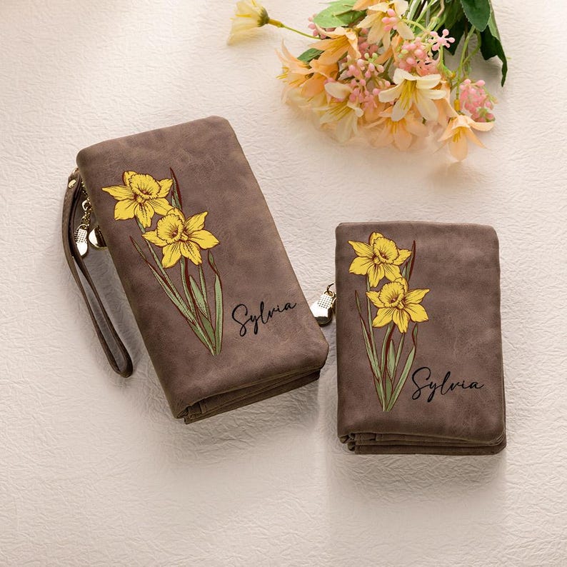 Personalized Watercolor Birth Flower Tri-Fold PU Leather Wristlet Wallet with Card Holder & Custom Name, Birthday Anniversary Gift for Women