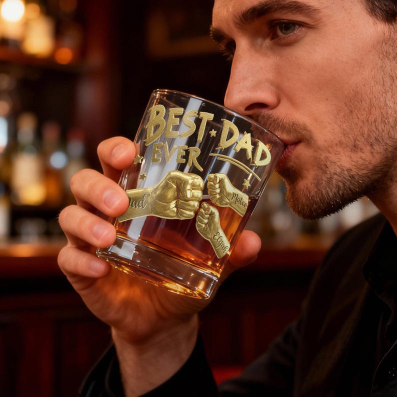 Personalized Dad Ever Fist 10oz Rock Whiskey Glass Custom Names Custom Rocks Glasses Gift Ideas For Birthdays Father's Day Dad