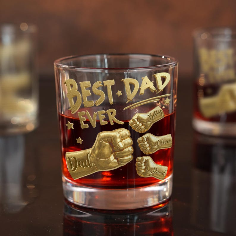 Personalized Dad Ever Fist 10oz Rock Whiskey Glass Custom Names Custom Rocks Glasses Gift Ideas For Birthdays Father's Day Dad