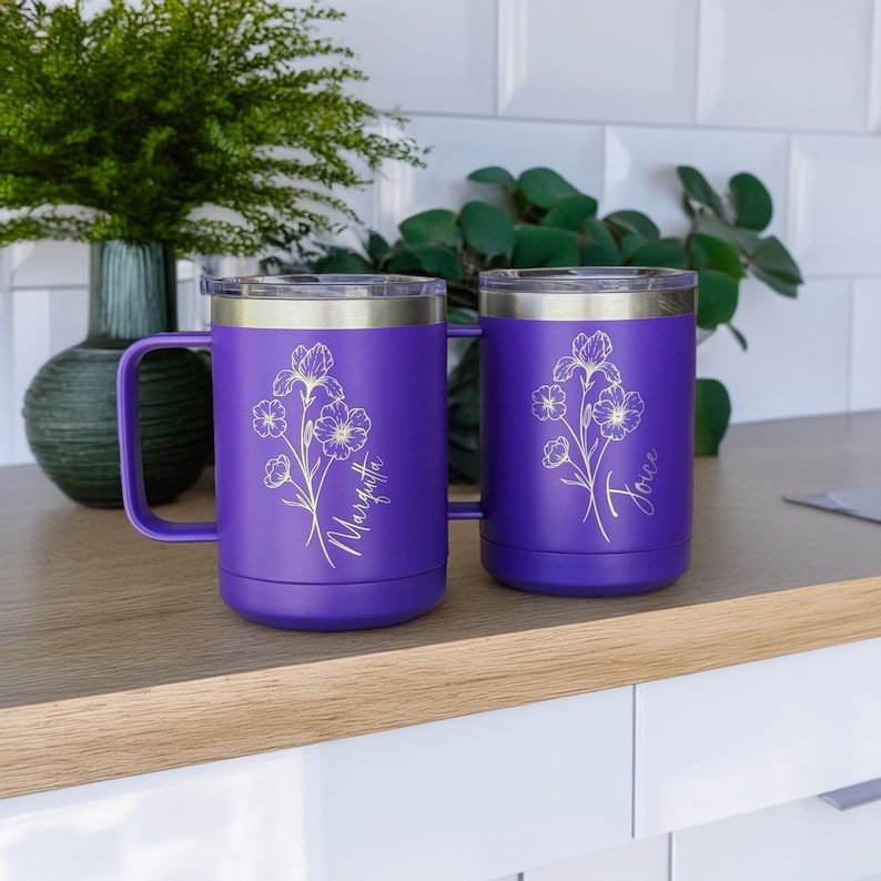 Personalized Birth Flower Insulated Coffee Tumbler with Handle for Sister, Best Friend, Bridesmaid, Personalized Coffee Mug, Travel Mug